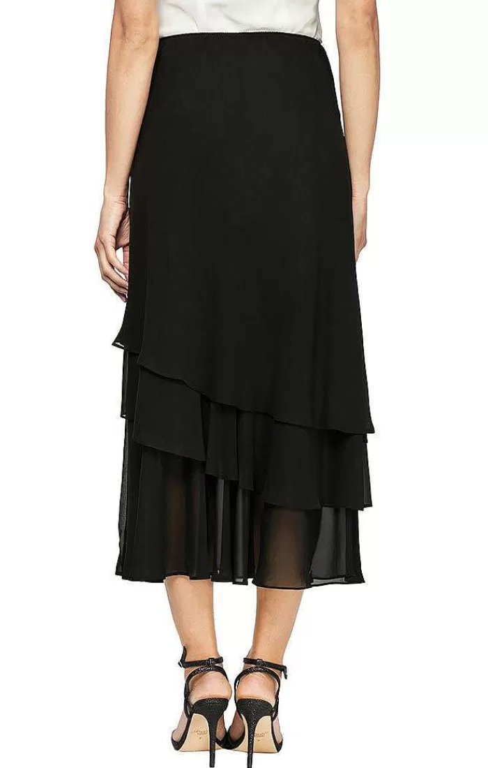 New Alex Evenings Petite Tea-Length Asymmetric Triple Tier Chiffon Skirt Black