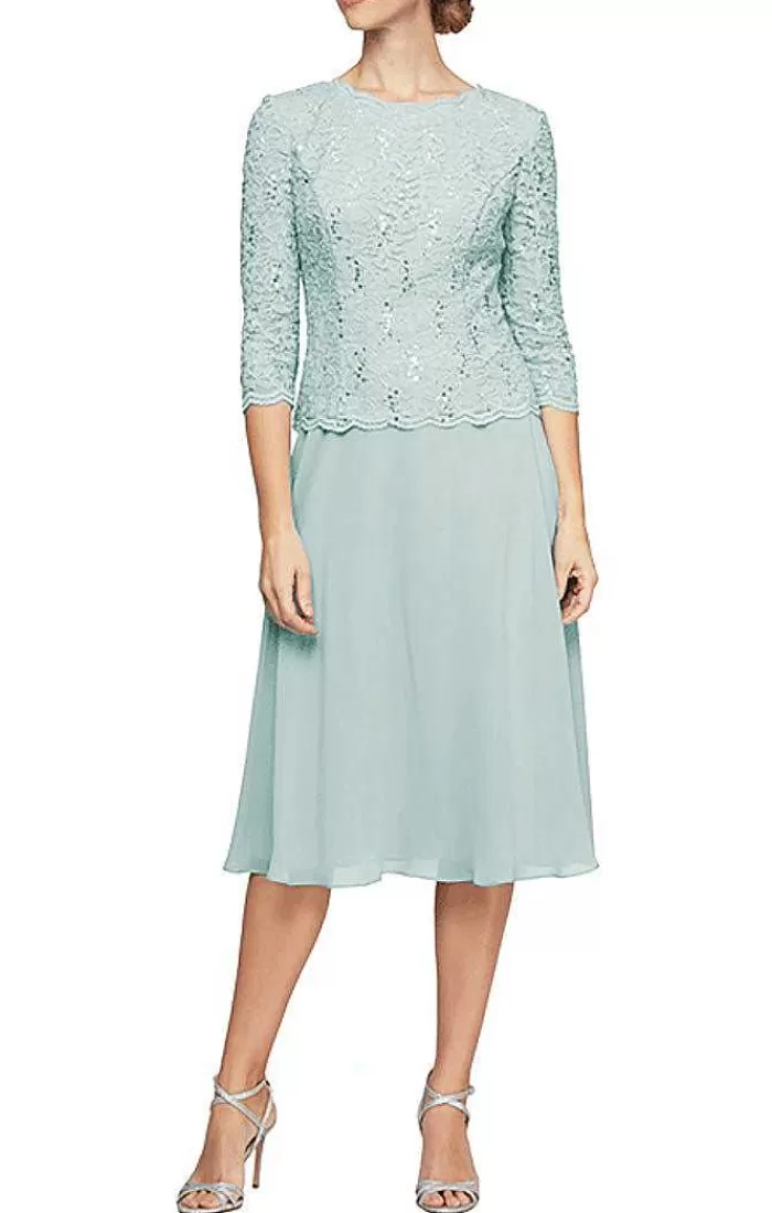 Cheap Alex Evenings Petite Tea-Length Dress With Sequin Lace Bodice & Chiffon Skirt Fresh Mint | Wedgewood | Shell Pink | Skyblue