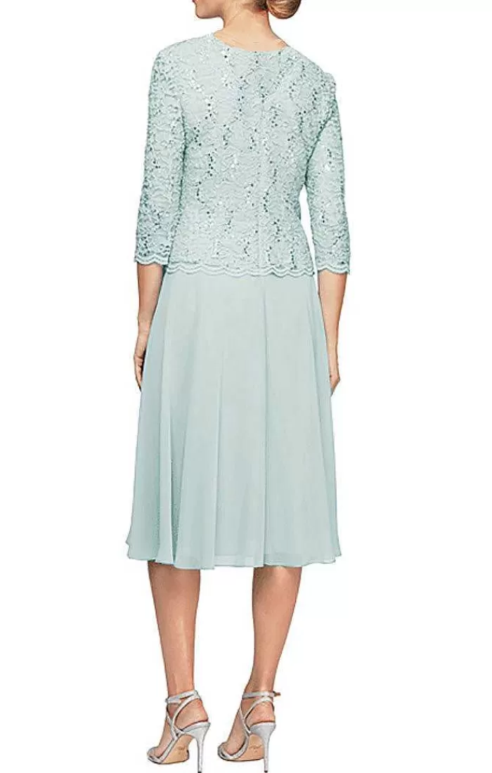 Store Alex Evenings Petite Tea-Length Dress With Sequin Lace Bodice & Chiffon Skirt Fresh Mint | Wedgewood | Shell Pink | Skyblue