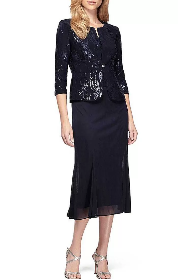 Discount Alex Evenings Petite Tea-Length Firework Sequin Jacket Dress Navy | Pewter Frost