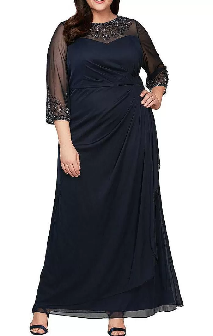 Store Alex Evenings Plus A-Line Mesh Gown With Beaded Illusion Sweetheart Neckline Dark Navy