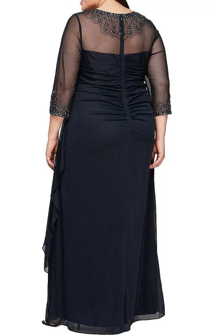 Store Alex Evenings Plus A-Line Mesh Gown With Beaded Illusion Sweetheart Neckline Dark Navy