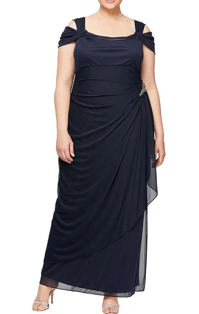 Shop Alex Evenings Plus Cold Shoulder Mesh Dress With Cowl Neckline Navy | Wine