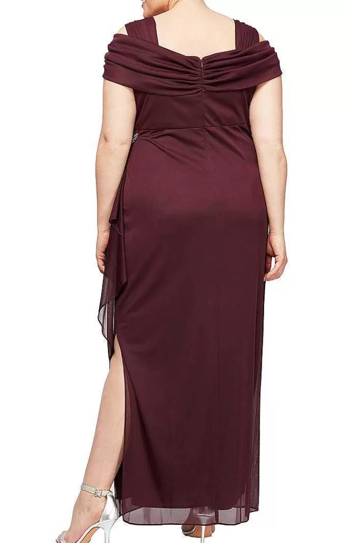 Cheap Alex Evenings Plus Cold Shoulder Mesh Dress With Cowl Neckline Navy | Wine