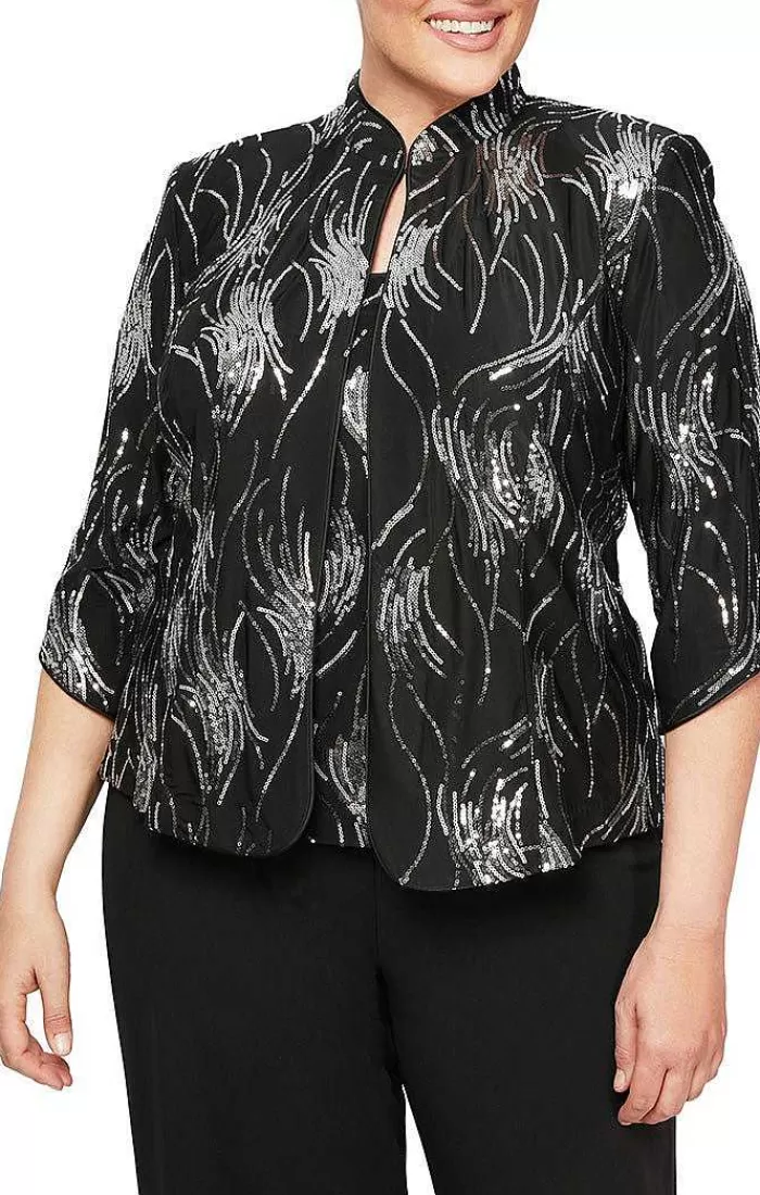 Hot Alex Evenings Plus Fireworks Sequin Twinset With Mandarin Neck Collar Black Silver