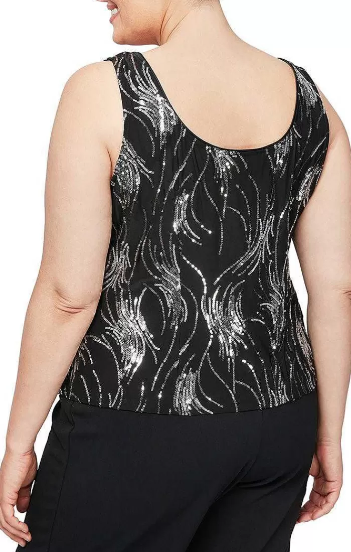 Hot Alex Evenings Plus Fireworks Sequin Twinset With Mandarin Neck Collar Black Silver