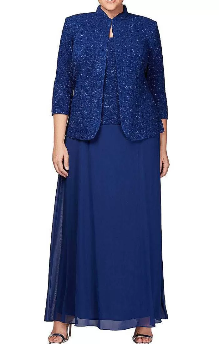 Store Alex Evenings Plus Glitter Jacquard Knit Jacket Dress With Mandarin Neckline Electric Blue | Eggplant | Smoke