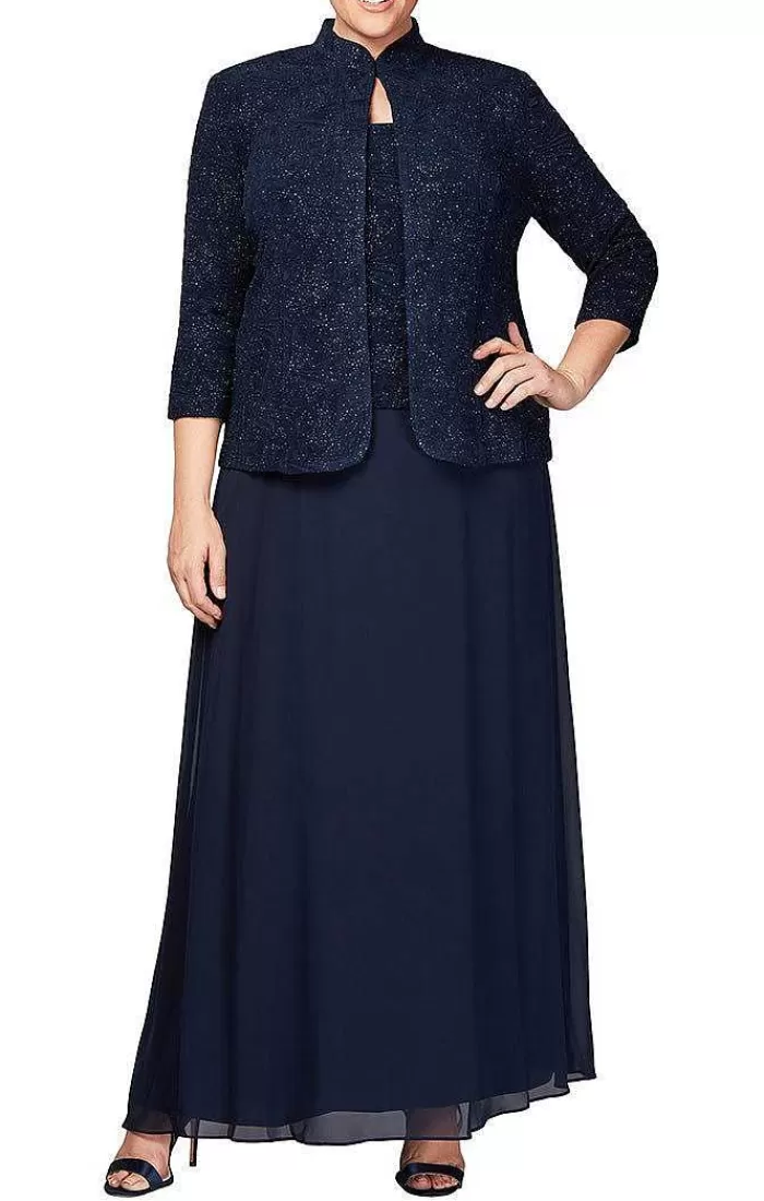 Fashion Alex Evenings Plus Glitter Jacquard Knit Jacket Dress With Mandarin Neckline Navy