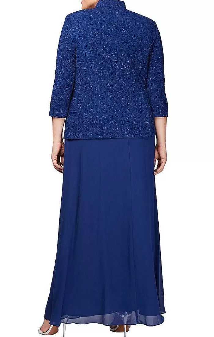 Fashion Alex Evenings Plus Glitter Jacquard Knit Jacket Dress With Mandarin Neckline Electric Blue | Eggplant | Smoke