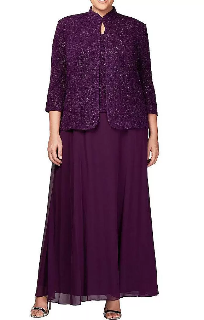 Store Alex Evenings Plus Glitter Jacquard Knit Jacket Dress With Mandarin Neckline Electric Blue | Eggplant | Smoke