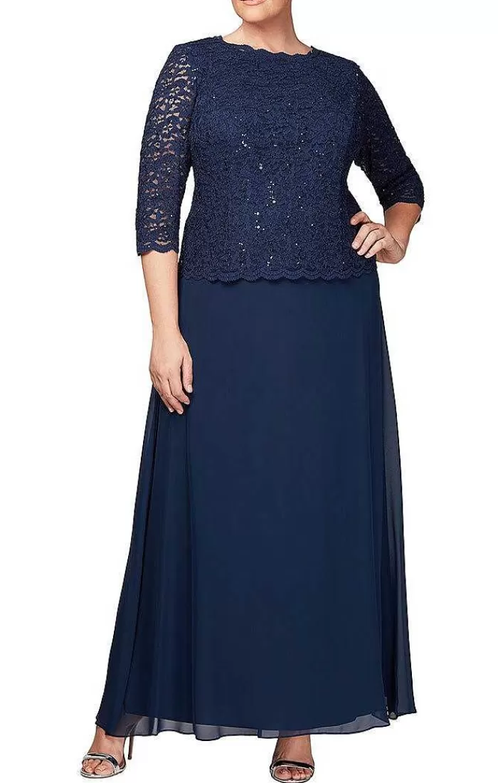 Hot Alex Evenings Plus Long Gown With Sequin Lace Bodice & Chiffon Skirt Navy | Deep Plum | Taupe