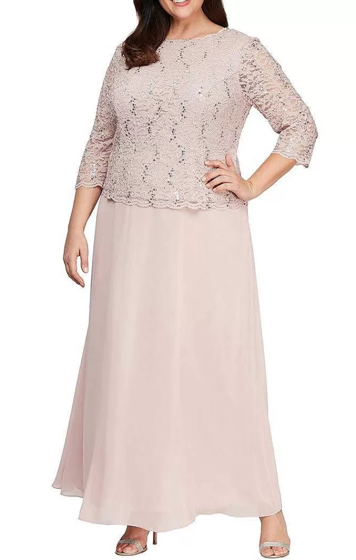 Cheap Alex Evenings Plus Long Gown With Sequin Lace Bodice & Chiffon Skirt Shell Pink | Skyblue | Taupe