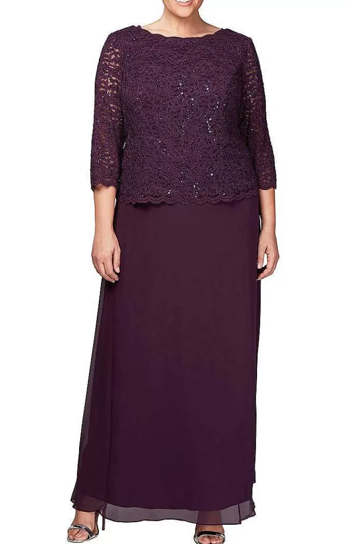 Fashion Alex Evenings Plus Long Gown With Sequin Lace Bodice & Chiffon Skirt Navy | Deep Plum | Taupe