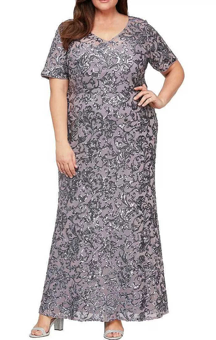 Shop Alex Evenings Plus Long Sequin V-Neck Dress With Short Sleeves Icy Orchid