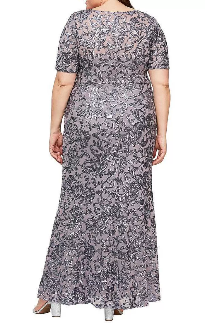 Shop Alex Evenings Plus Long Sequin V-Neck Dress With Short Sleeves Icy Orchid