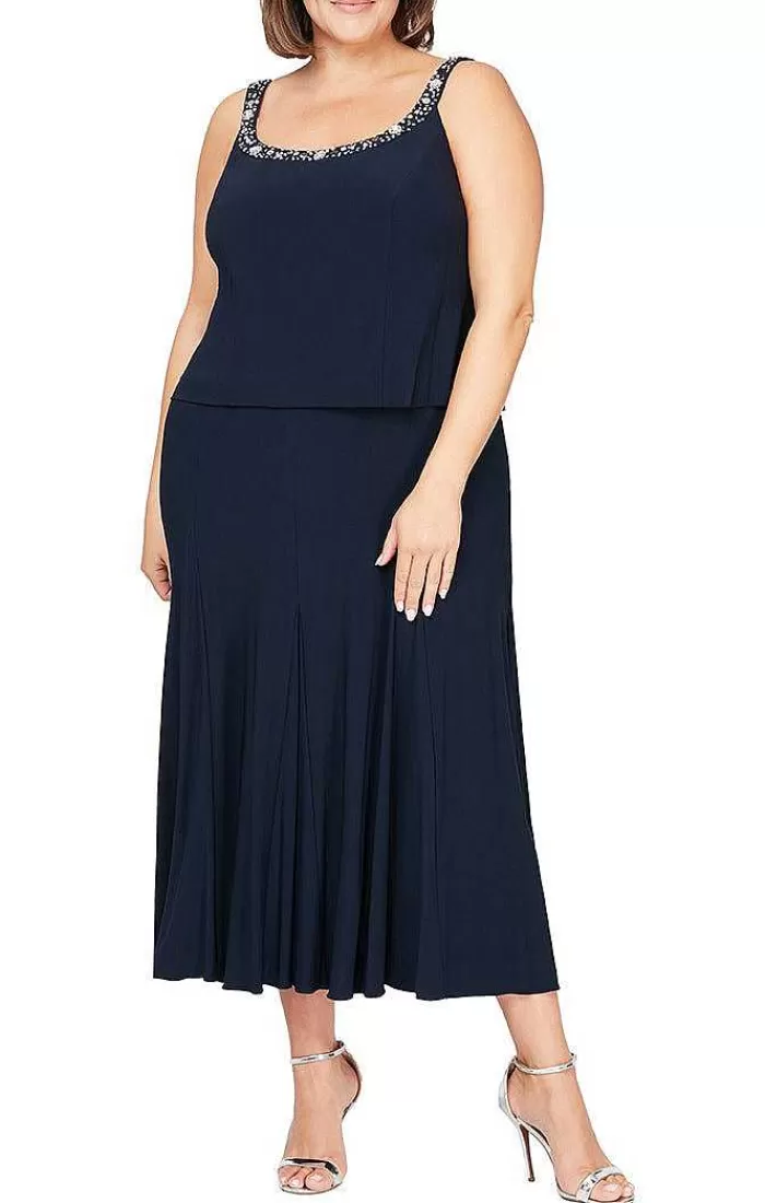 Cheap Alex Evenings Plus Matte Jersey Jacket Dress With Beaded Trim Detail Navy