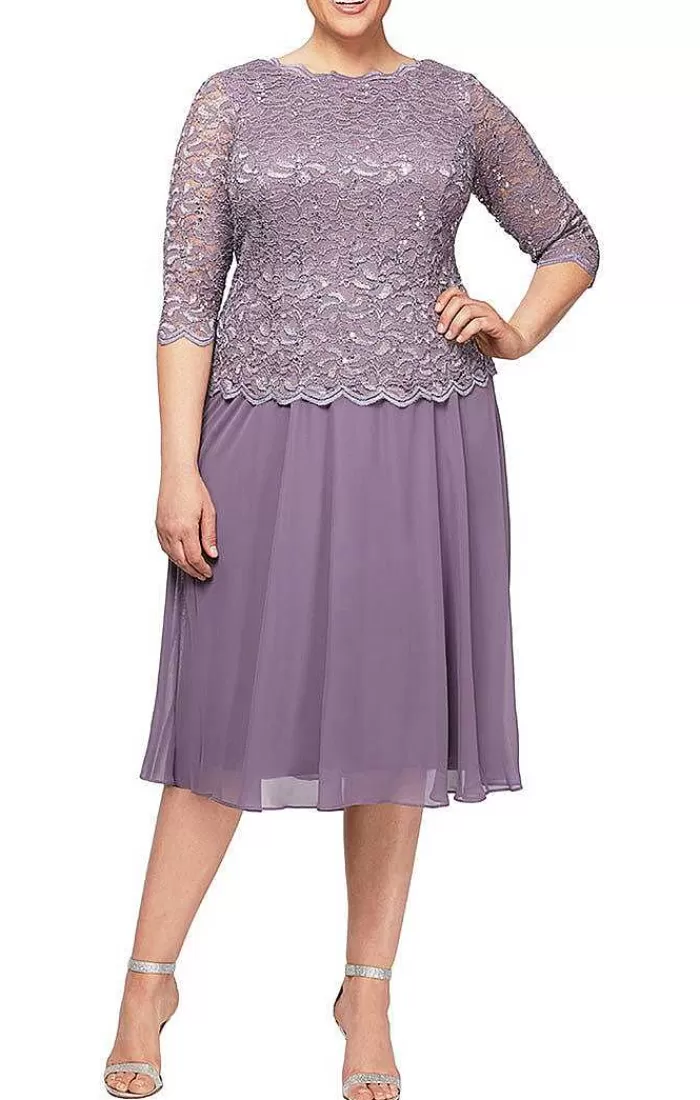 New Alex Evenings Plus Tea-Length Dress With Sequin Lace Bodice & Chiffon Skirt Icy Orchid | Wedgewood | Taupe | Deep Plum