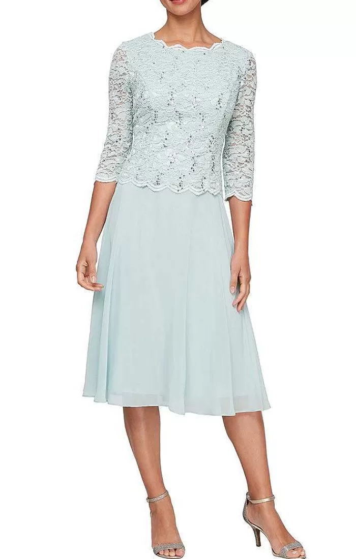 Clearance Alex Evenings Plus Tea-Length Dress With Sequin Lace Bodice & Chiffon Skirt Fresh Mint