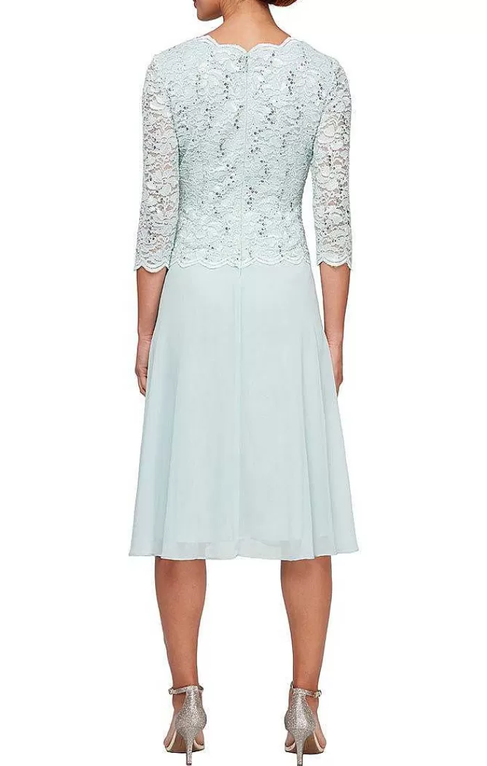 Clearance Alex Evenings Plus Tea-Length Dress With Sequin Lace Bodice & Chiffon Skirt Fresh Mint