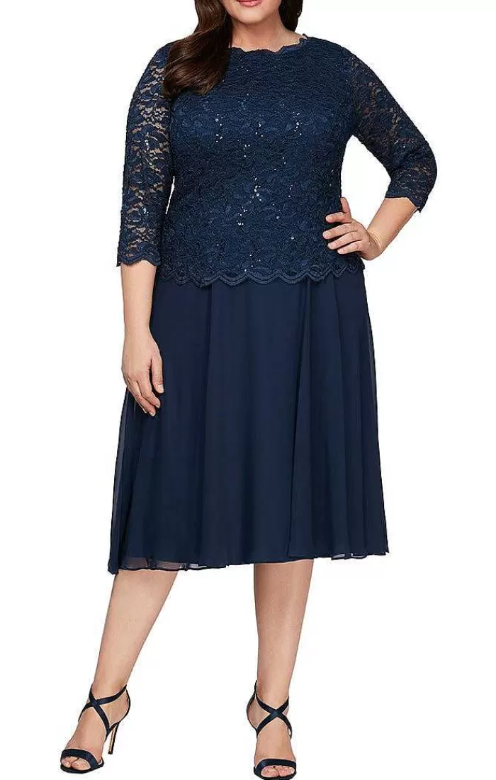 New Alex Evenings Plus Tea-Length Dress With Sequin Lace Bodice & Chiffon Skirt Icy Orchid | Wedgewood | Taupe | Deep Plum