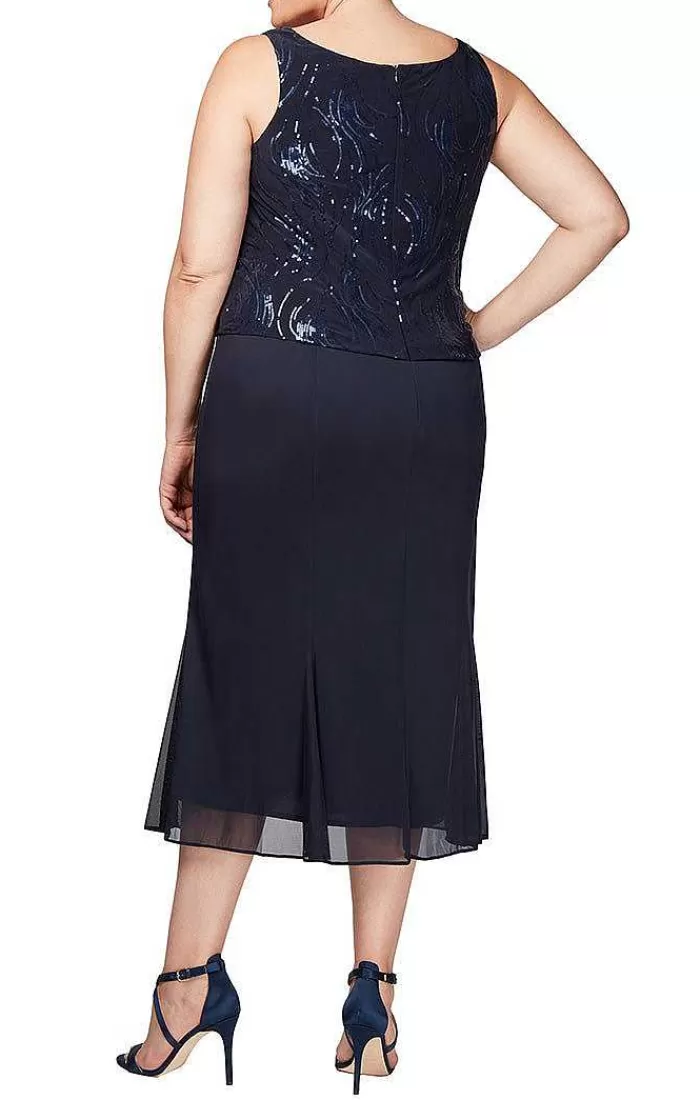 Fashion Alex Evenings Plus Tea-Length Firework Sequin Jacket Dress Navy | Pewter Frost