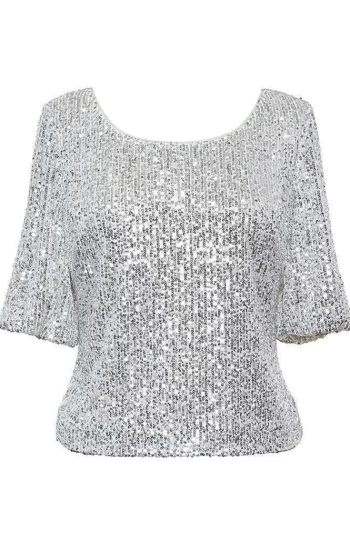 Online Alex Evenings Scoop Neck Blouse With Elbow Sleeves Ivory Silver