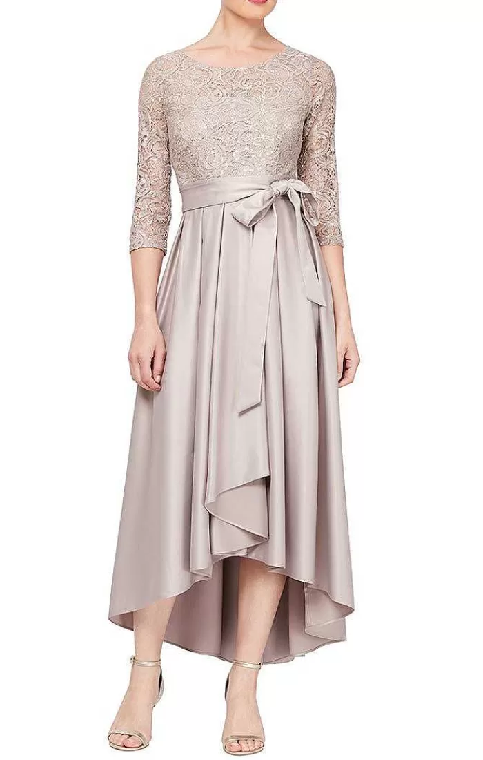 Flash Sale Alex Evenings Sequin Lace Party Dress With Satin Skirt & Ribbon Belt Buff