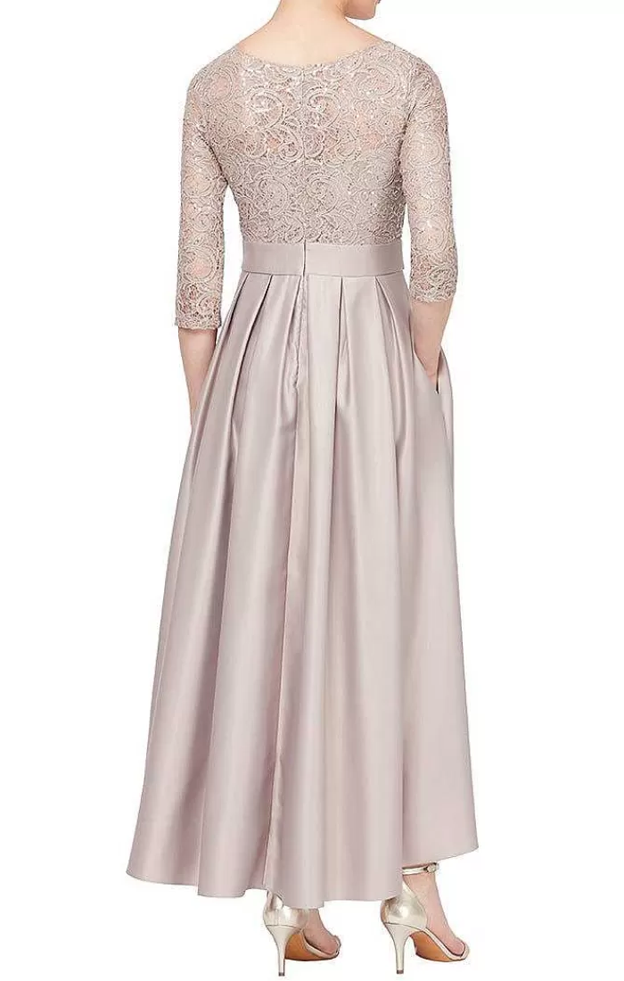 Shop Alex Evenings Sequin Lace Party Dress With Satin Skirt & Ribbon Belt Buff