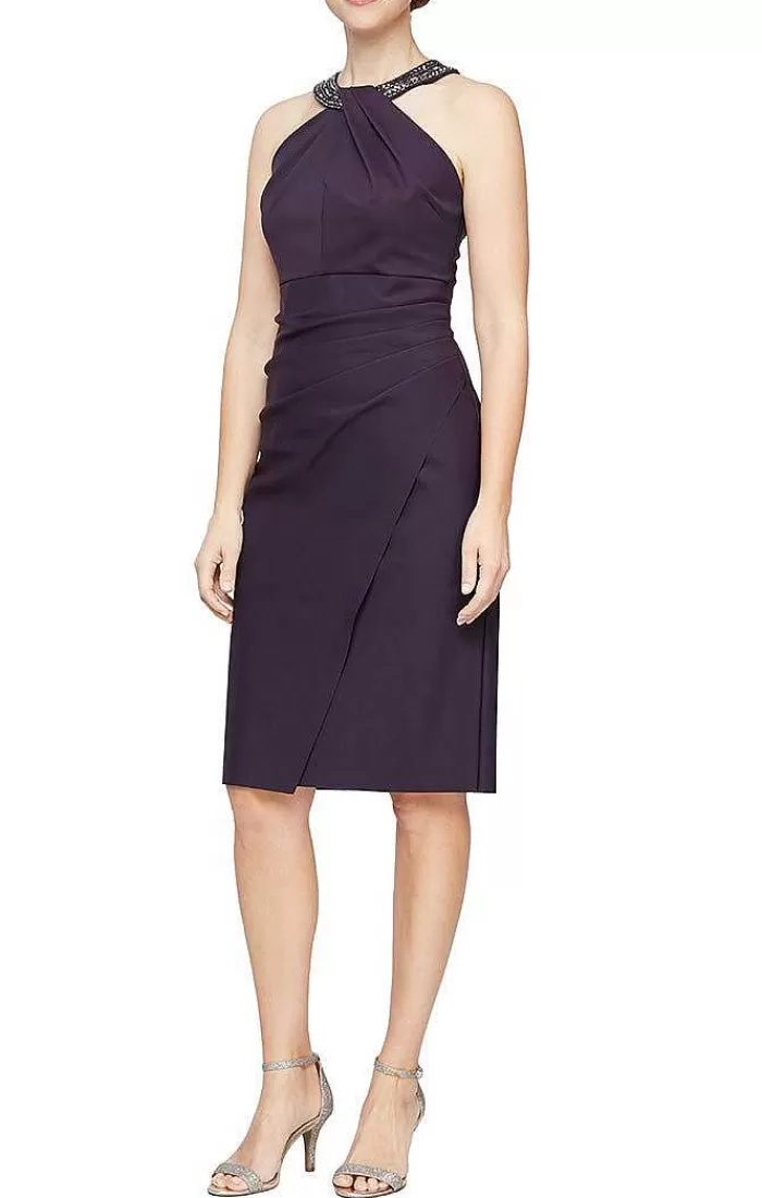 Discount Alex Evenings Sheath Compression Dress With Embellished Halter Style Neckline Aubergine | Navy | Charcoal