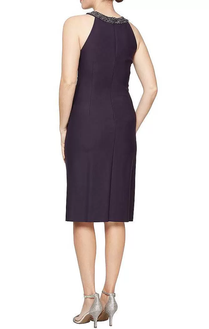 Discount Alex Evenings Sheath Compression Dress With Embellished Halter Style Neckline Aubergine | Navy | Charcoal