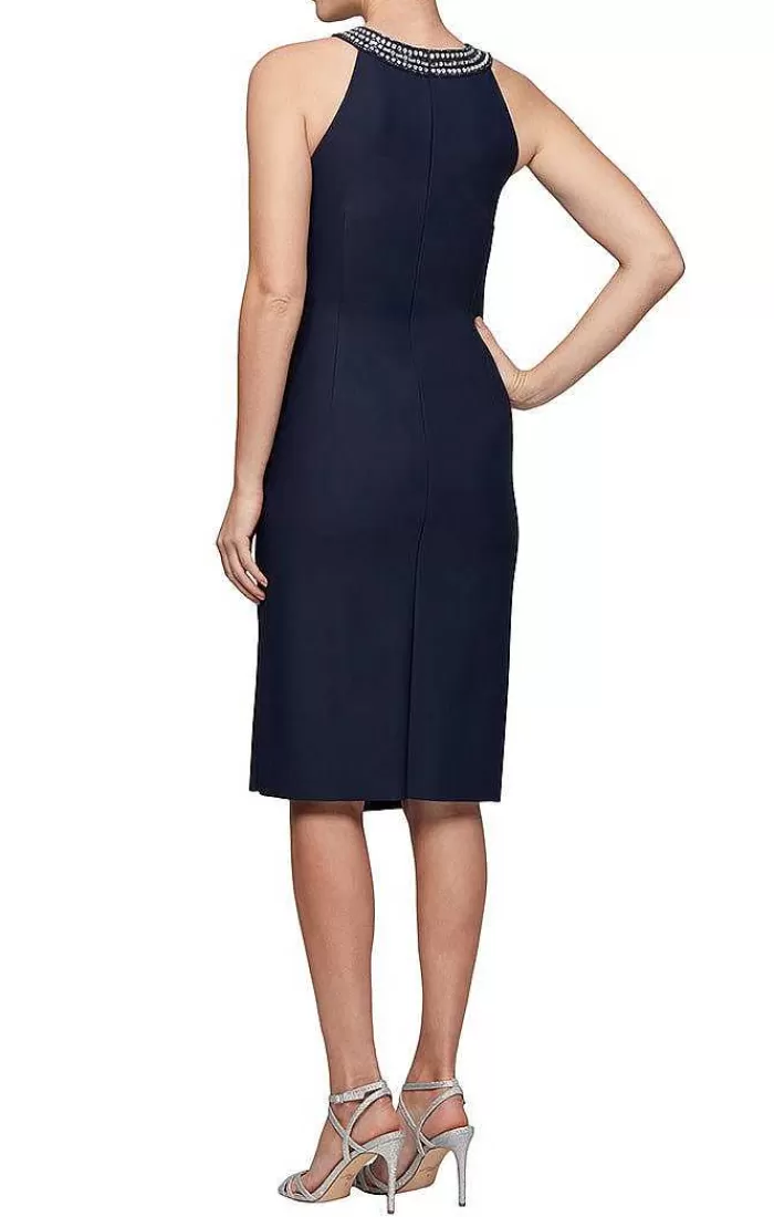 Fashion Alex Evenings Sheath Compression Dress With Embellished Halter Style Neckline Aubergine | Navy | Charcoal