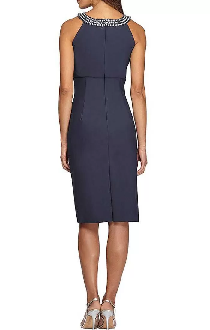 Fashion Alex Evenings Sheath Compression Dress With Embellished Halter Style Neckline Aubergine | Navy | Charcoal