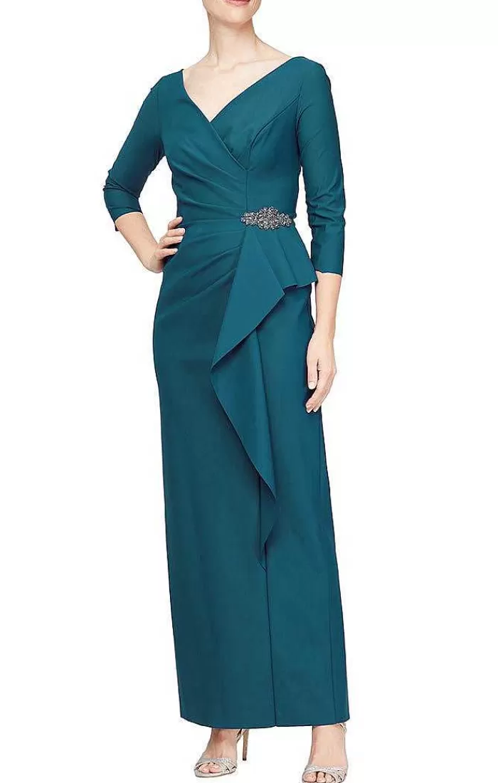 Sale Alex Evenings Sheath Compression Dress With Surplice Neckline & Cascade Ruffle Skirt Navy | Deep Teal