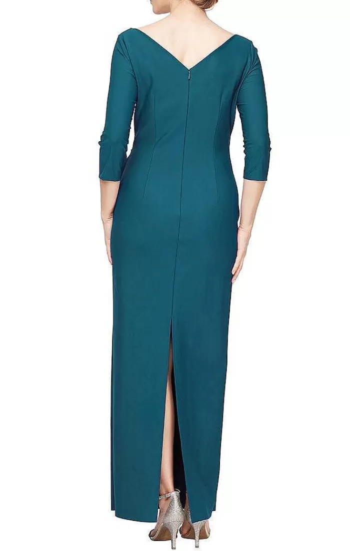 Shop Alex Evenings Sheath Compression Dress With Surplice Neckline & Cascade Ruffle Skirt Navy | Deep Teal