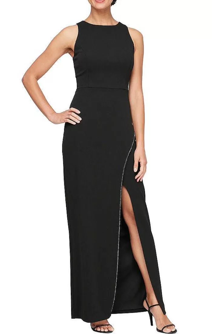 Sale Alex Evenings Sleeveless Crepe Column Dress With Rhinestone Trim Slit Detail Black