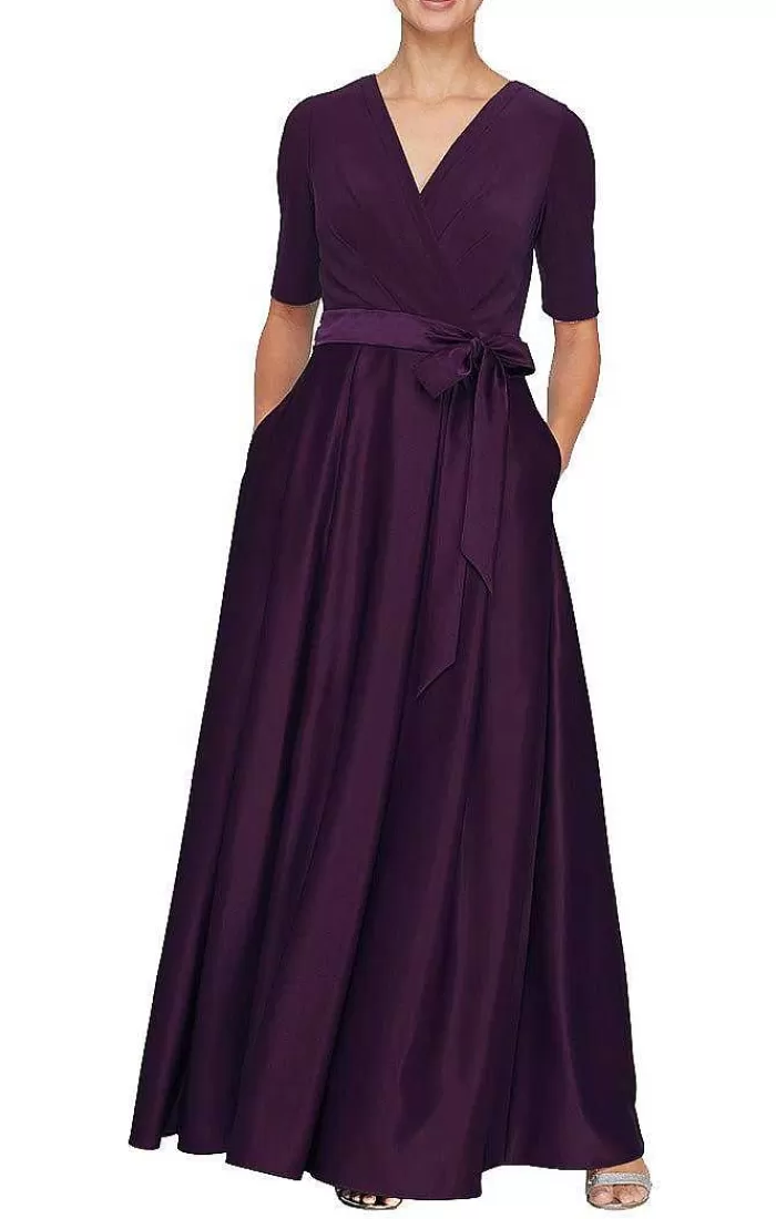 Cheap Alex Evenings Surplice Neckline Ballgown With Full Satin Skirt & Jersey Bodice Wedgewood | Eggplant | Navy