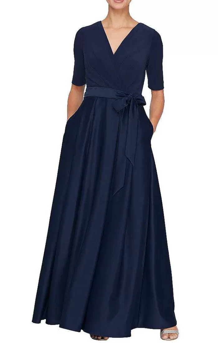 New Alex Evenings Surplice Neckline Ballgown With Full Satin Skirt & Jersey Bodice Wedgewood | Eggplant | Navy