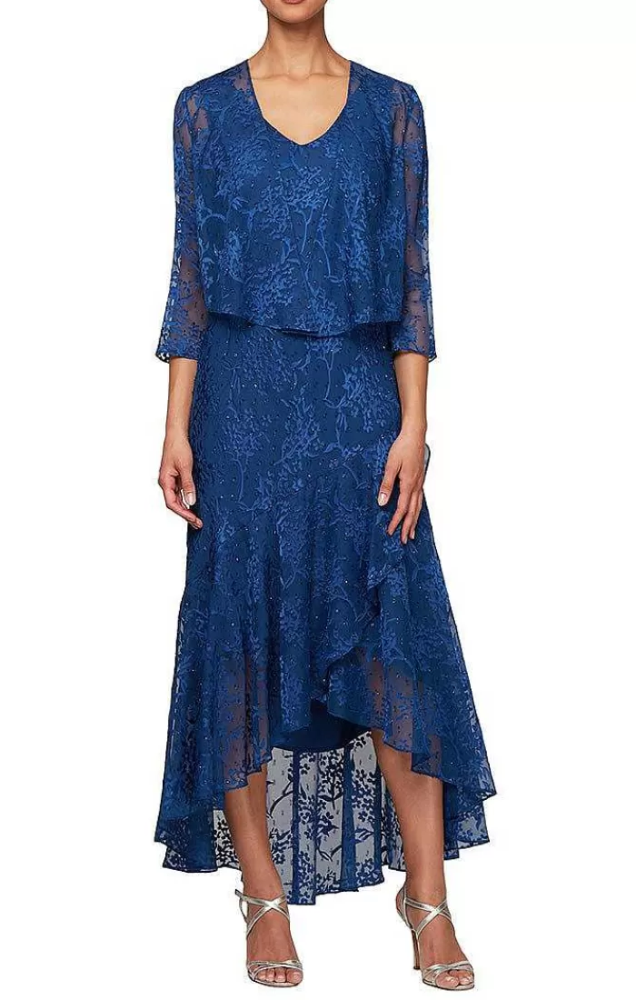 Online Alex Evenings Tea-Length Chiffon Jacket Dress With High/Low Tulip Hem Skirt Royal