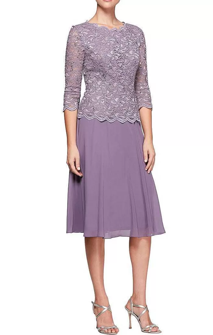 Flash Sale Alex Evenings Tea-Length Dress With Sequin Lace Bodice & Chiffon Skirt Icy Orchid | Skyblue | Wedgewood | Shell Pink