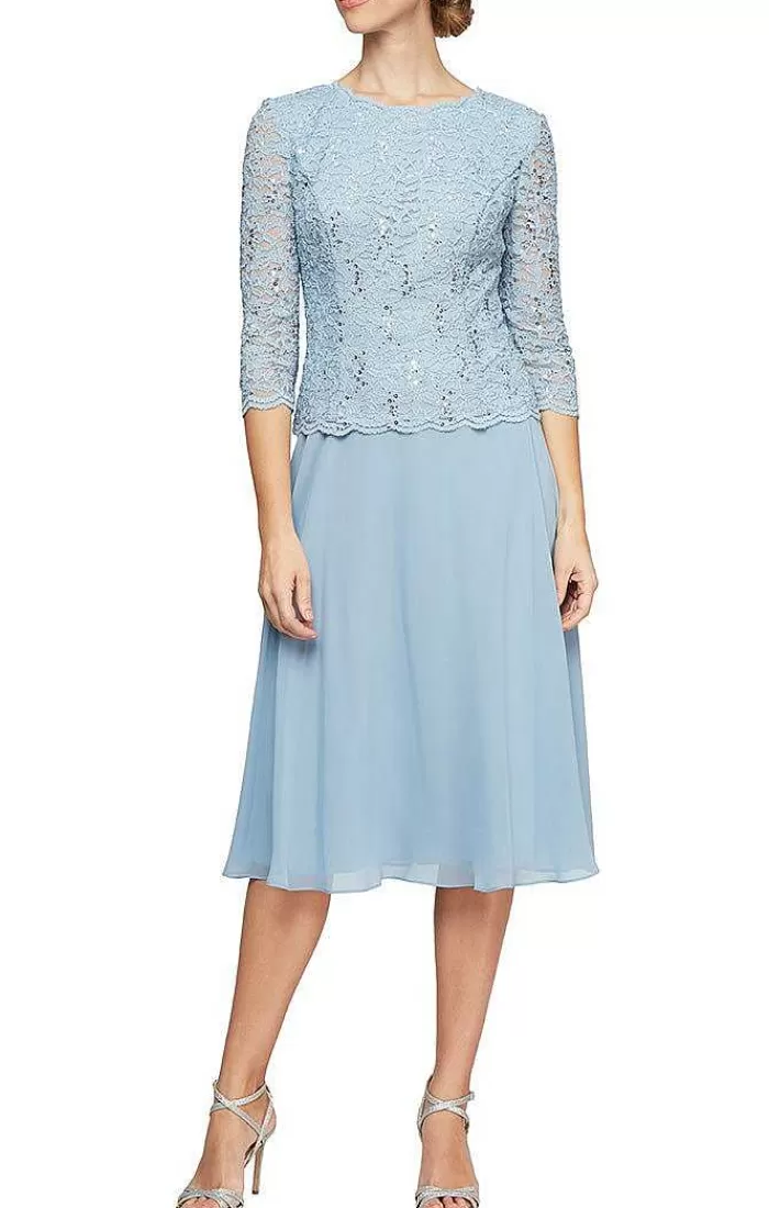 Online Alex Evenings Tea-Length Dress With Sequin Lace Bodice & Chiffon Skirt Icy Orchid | Skyblue | Wedgewood | Shell Pink