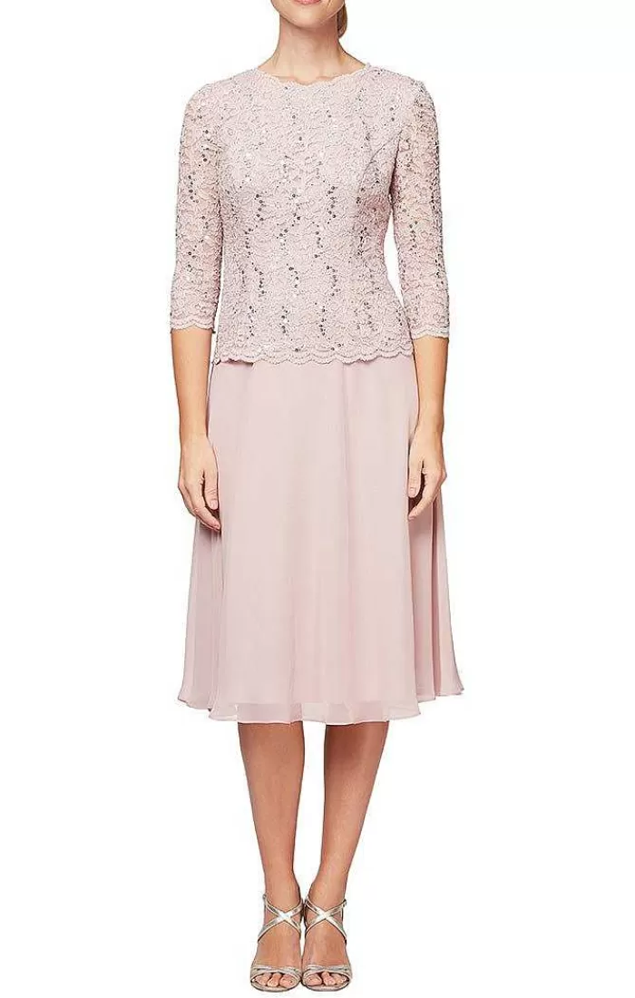 Clearance Alex Evenings Tea-Length Dress With Sequin Lace Bodice & Chiffon Skirt Icy Orchid | Skyblue | Wedgewood | Shell Pink