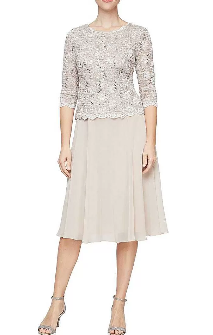 Sale Alex Evenings Tea-Length Dress With Sequin Lace Bodice & Chiffon Skirt Icy Orchid | Skyblue | Wedgewood | Shell Pink