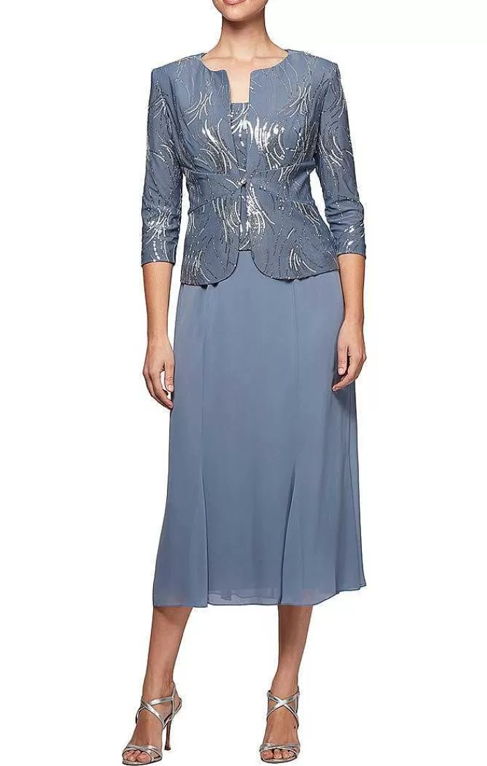 Flash Sale Alex Evenings Tea-Length Firework Sequin Jacket Dress With Chiffon Skirt Steel Blue