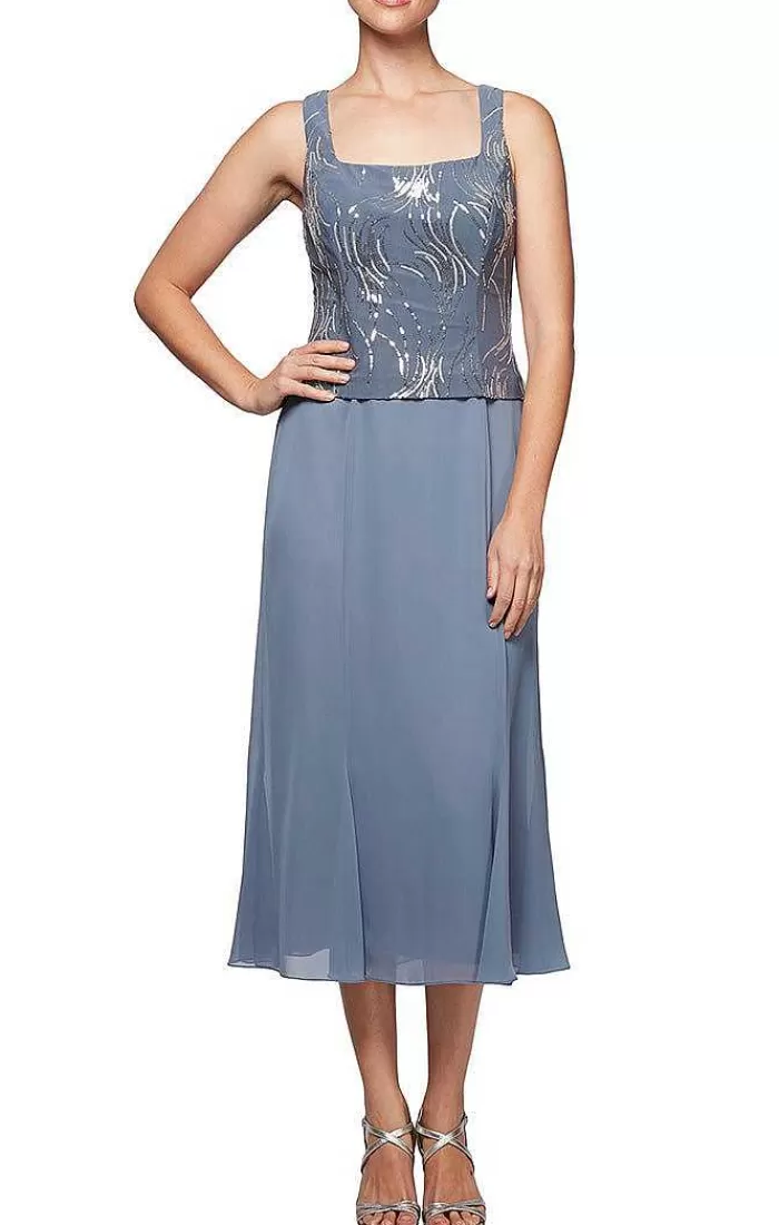 Best Alex Evenings Tea-Length Firework Sequin Jacket Dress With Chiffon Skirt Steel Blue