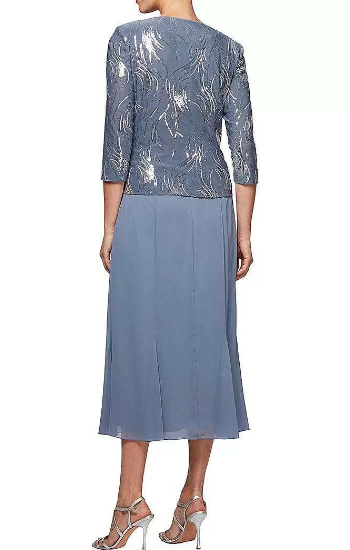 Best Alex Evenings Tea-Length Firework Sequin Jacket Dress With Chiffon Skirt Steel Blue