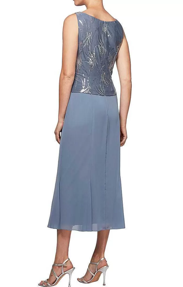 Cheap Alex Evenings Tea-Length Firework Sequin Jacket Dress With Chiffon Skirt Steel Blue