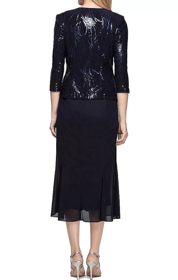 Clearance Alex Evenings Tea-Length Firework Sequin Jacket Dress With Mesh Skirt Navy | Pewter Frost