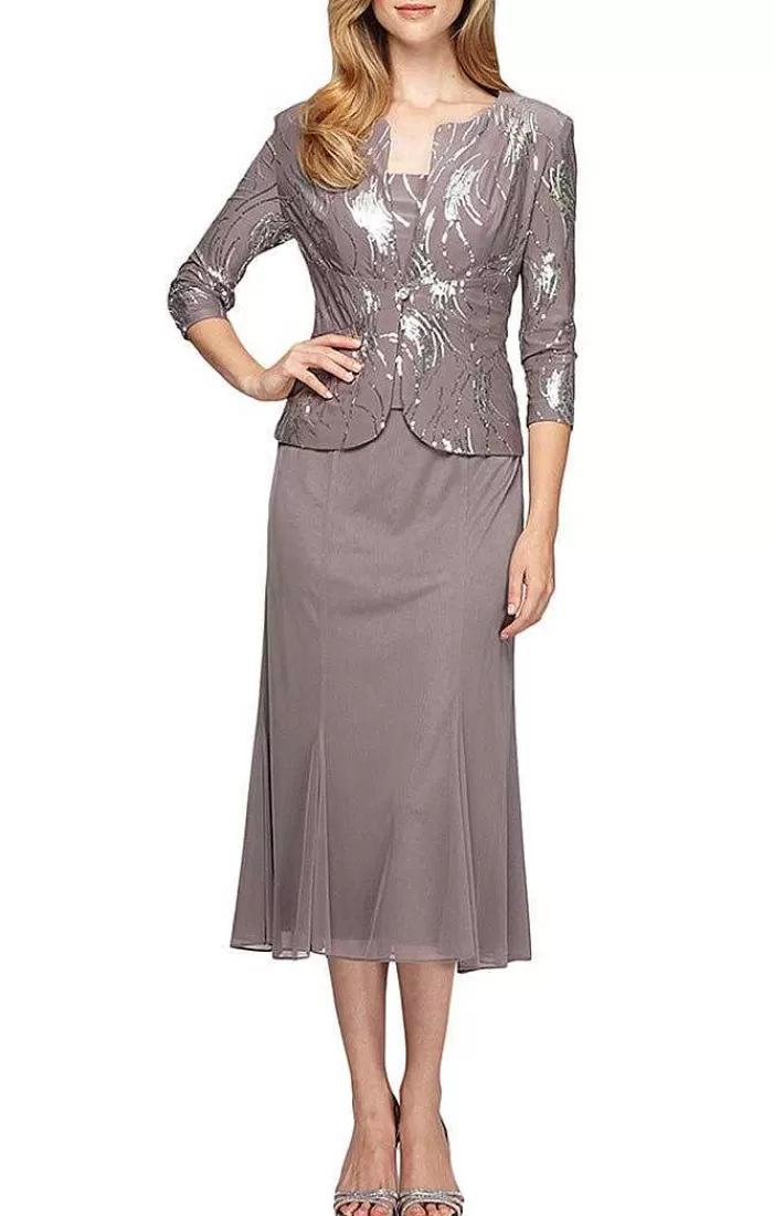 Sale Alex Evenings Tea-Length Firework Sequin Jacket Dress With Mesh Skirt Navy | Pewter Frost