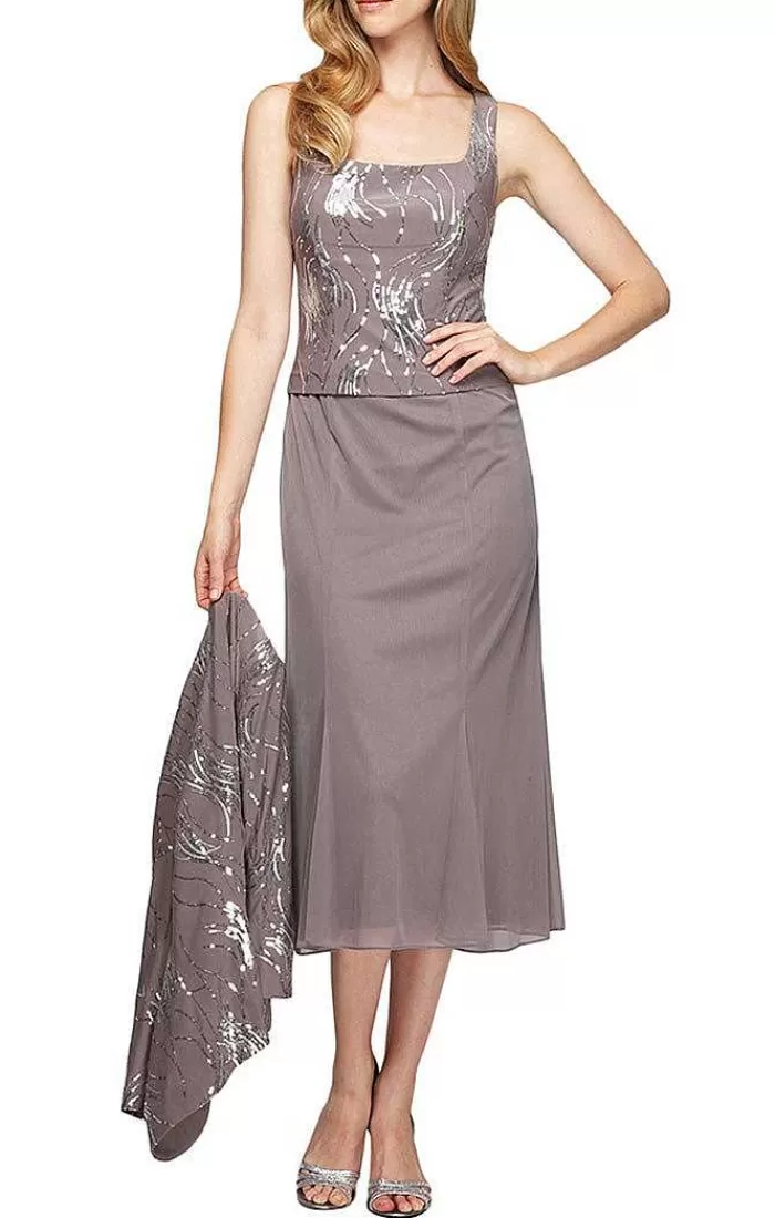 Clearance Alex Evenings Tea-Length Firework Sequin Jacket Dress With Mesh Skirt Navy | Pewter Frost