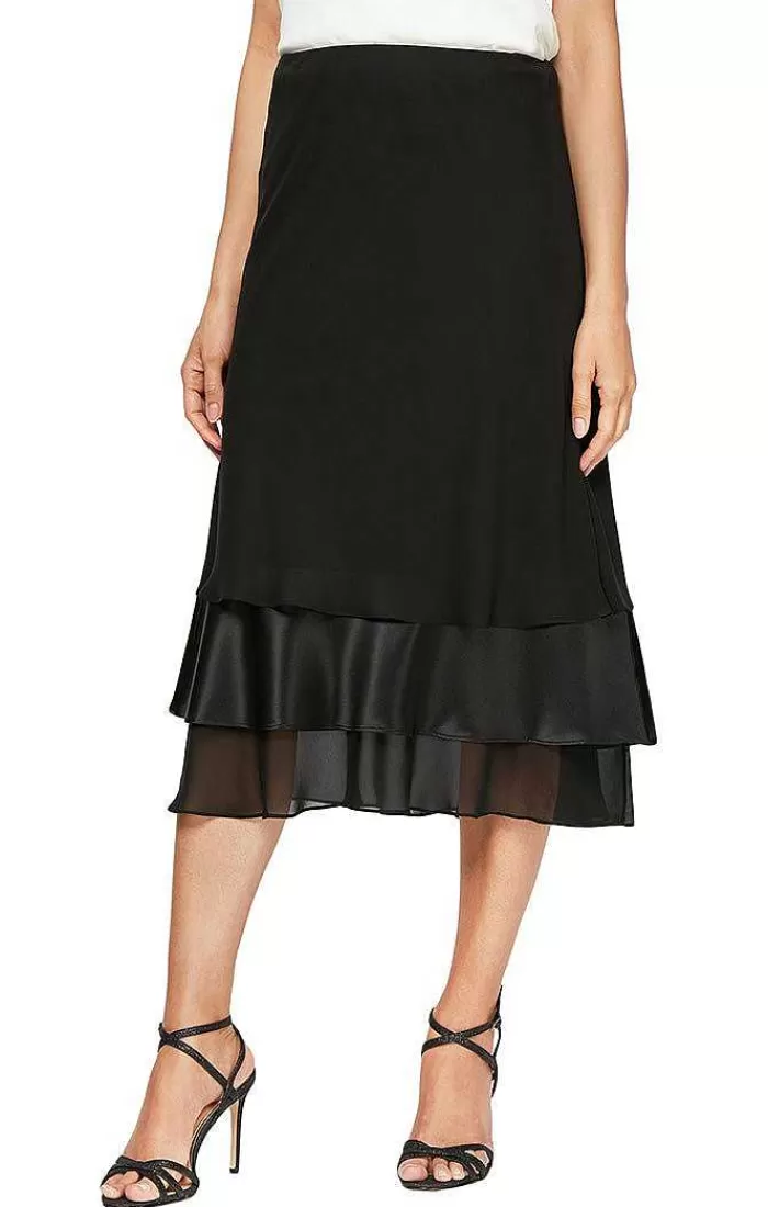 Sale Alex Evenings Tea-Length Satin Chiffon Triple Tier Hem Skirt Black